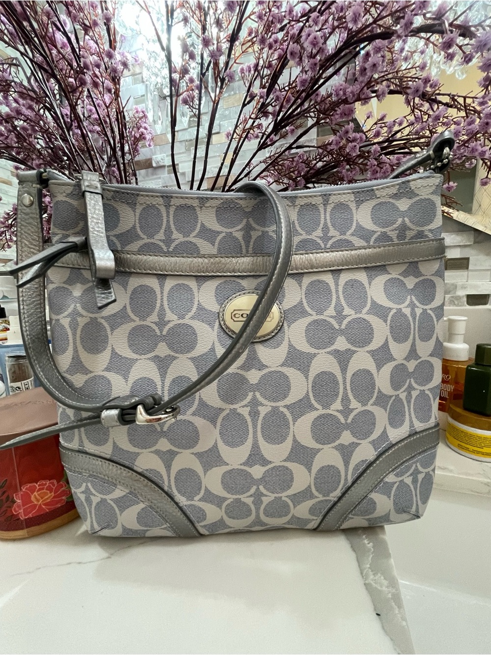 Coach Grey And Light Blue Signature Crossbody Shoulder Bag